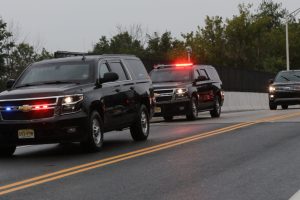 Aug. 24, 2023 ~ The motorcade carrying Donald Trump to Newark Airport for a flight to Atlanta where he will turn himself in this evening in Fulton County Ga. on charges of trying to overturn the 2020 election. Photo: Chris Pedota ~ USA TODAY NETWORK