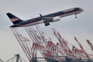 Aug. 24, 2023 ~ Former President Donald Trump's aircraft departs Newark (NJ) Liberty International Airport Thursday afternoon, August 24, 2023. He is flying to Atlanta to be booked on racketeering and conspiracy charges. Cranes at Port Newark can be scene in the background. Photo: Thomas P. Costello ~ USA TODAY NETWORK