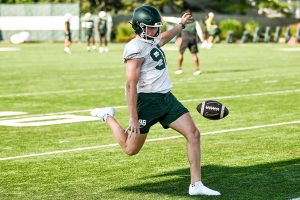 August 3, 2023 ~ Michigan State's Ryan Eckley kicks during the opening day of MSU's football fall camp. Photo: Nick King ~ USA TODAY NETWORK