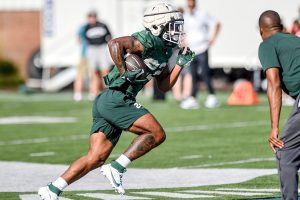 August 3, 2023 ~ Michigan State running back Jordon Simmons runs the ball during the opening day of MSU's football fall camp. Photo: Nick King ~ USA TODAY NETWORK