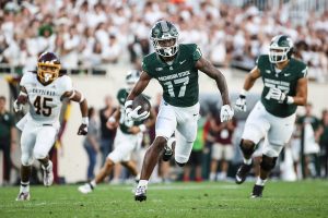 Sept. 1, 2023 ~ Michigan State wide receiver Tre Mosley runs against Central Michigan during the first half at Spartan Stadium. The Spartans went on to defeat the Chippewas 31-7. Photo: Junfu Han ~ USA TODAY NETWORK