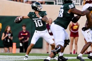Sept. 1, 2023 ~ Michigan State's Noah Kim throws a pass against Central Michigan during the first quarter at Spartan Stadium in East Lansing. The Spartans went on to defeat the Chippewas 31-7. Photo: Nick King ~ USA TODAY NETWORK