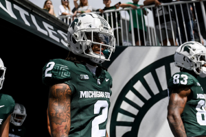 Sept. 9, 2023 ~ Michigan State's Tyrell Henry and other MSU receivers take the field before the football game against Richmond at Spartan Stadium in East Lansing. Photo: Nick King ~ USA TODAY NETWORK