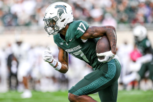 Sept. 16, 2023 ~ Michigan State's Tre Mosley runs after a pass against Washington during the second quarter at Spartan Stadium in East Lansing. Photo: Nick King ~ USA TODAY NETWORK