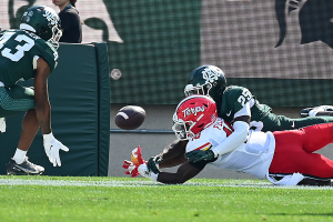 Sept. 23, 2023 ~ Michigan State Spartans defensive back Chance Rucker (25) breaks up a pass to Maryland Terrapins wide receiver Tai Felton (10) in the first quarter as defensive back Malik Spencer (43) assists at Spartan Stadium. Photo: Dale Young ~ USA TODAY Sports