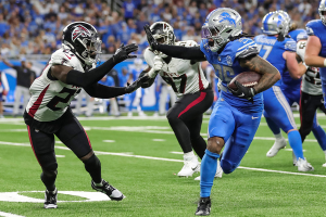 Sept. 24, 2023 ~ Detroit Lions running back Jahmyr Gibbs (26) runs against Atlanta Falcons safety Richie Grant (27) during the second half at Ford Field in Detroit. Photo: Junfu Han ~ USA TODAY NETWORK
