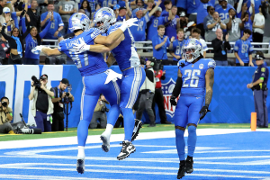 Sept. 24, 2023 ~ Detroit Lions tight ends Sam LaPorta, Brock Wright, and back Jahmyr Gibbs celebrate LaPorta’s touchdown during first-half action at Ford Field in Detroit. Photo: Kirthmon F. Dozier ~ USA TODAY NETWORK