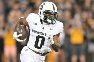 Sept. 30, 2023 ~ Michigan State Spartans wide receiver Alante Brown (0) runs the ball on a reverse during the first quarter against the Iowa Hawkeyes at Kinnick Stadium. Photo: Jeffrey Becker-USA TODAY Sports