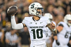 Sept. 30, 2023 ~ Michigan State Spartans quarterback Noah Kim (10) throws a pass against the Iowa Hawkeyes during the first quarter at Kinnick Stadium. Photo: Jeffrey Becker ~ USA TODAY Sports