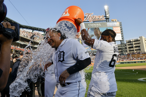 Oct. 1, 2023 ~ Detroit Tigers designated hitter Miguel Cabrera (24) is dosed by teammates as talks to the media after the game against the Cleveland Guardians at Comerica Park. Photo: Rick Osentoski ~ USA TODAY Sports