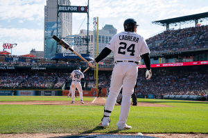 Oct. 1, 2023 ~ Miguel Cabrera prepares to bat in his final game as a Detroit Tiger against the Cleveland Guardians at Comerica Park. Photo: Mandi Wright ~ USA TODAY NETWORK