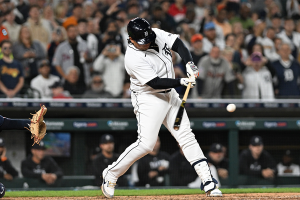 Sept. 29, 2023 ~ Detroit Tigers designated hitter Miguel Cabrera (24) hits a single against the Cleveland Guardians in the seventh inning at Comerica Park. Photo: Lon Horwedel ~ USA TODAY Sports