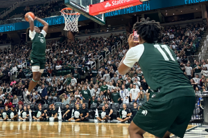October 16, 2023 ~ Michigan State University players entertain fans with a three-point contest, dunk contest, and scrimmage bouts during the university’s annual Midnight Madness basketball season kick-off event at the Breslin Center in East Lansing. Photo: Dominic Carroll ~ WJR
