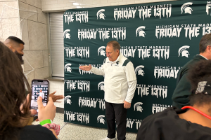 October 16, 2023 ~ Michigan State University Head Basketball Coach Tom Izzo greets fans and poses for pictures at the university’s annual Midnight Madness basketball season kick-off event at the Breslin Center in East Lansing. Photo: Dominic Carroll ~ WJR