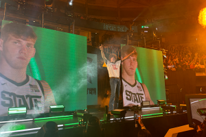 October 16, 2023 ~ Michigan State University players wear their Halloween costumes of choice as they get introduced to the crowd at the university’s annual Midnight Madness basketball season kick-off event at the Breslin Center in East Lansing. Photo: Dominic Carroll ~ WJR