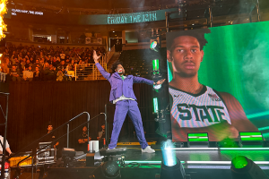 October 16, 2023 ~ Michigan State University players wear their Halloween costumes of choice as they get introduced to the crowd at the university’s annual Midnight Madness basketball season kick-off event at the Breslin Center in East Lansing. Photo: Dominic Carroll ~ WJR