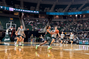 October 16, 2023 ~ Michigan State University players entertain fans with a three-point contest, dunk contest, and scrimmage bouts during the university’s annual Midnight Madness basketball season kick-off event at the Breslin Center in East Lansing. Photo: Dominic Carroll ~ WJR