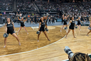 October 16, 2023 ~ Michigan State University’s cheer squad entertain fans at the university’s annual Midnight Madness basketball season kick-off event at the Breslin Center in East Lansing. Photo: Dominic Carroll ~ WJR