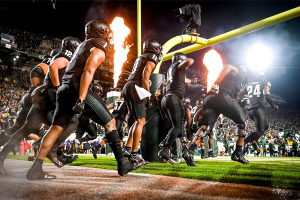 Oct. 21, 2023 ~ Michigan State University takes the field before the rival game against University of Michigan at Spartan Stadium in East Lansing. Photo: Nick King ~ USA TODAY NETWORK