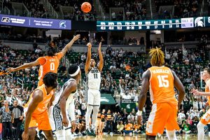 Oct. 29, 2023 ~ Michigan State's A.J. Hoggard ties the game against Tennessee with seconds left during the second half at a charity exhibition game for the Maui Strong Fund at the Breslin Center in East Lansing. Photo: Nick King ~ USA TODAY NETWORK