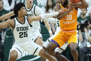 Oct. 29, 2023 ~ Michigan State Spartans forward Malik Hall defends against Tennessee Volunteers guard Josiah-Jordan James during first-half action at a charity exhibition game for the Maui Strong Fund at the Breslin Center in East Lansing. Photo: Kirthmon F. Dozier ~ USA TODAY NETWORK