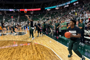 Oct. 29, 2023 ~ The Michigan State Spartans warm up pregame as they get set to face the Tennessee Volunteers in a charity exhibition game in support of the Maui Strong Fund at the Breslin Center in East Lansing. Photo: Dominic Carroll ~ WJR