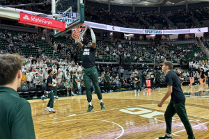Oct. 29, 2023 ~ The Michigan State Spartans warm up pregame as they get set to face the Tennessee Volunteers in a charity exhibition game in support of the Maui Strong Fund at the Breslin Center in East Lansing. Photo: Dominic Carroll ~ WJR