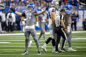 Oct. 30, 2023 ~ Detroit Lions linebacker Alex Anzalone (34) celebrates his sack against the Las Vegas Raiders during the second half at Ford Field. Photo: David Reginek ~ USA TODAY Sports