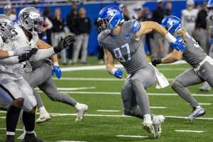 Oct. 30, 2023 ~ Detroit Lions defensive end Aidan Hutchinson (97) rushes against the Las Vegas Raiders during the second half at Ford Field. Photo: David Reginek ~ USA TODAY Sports