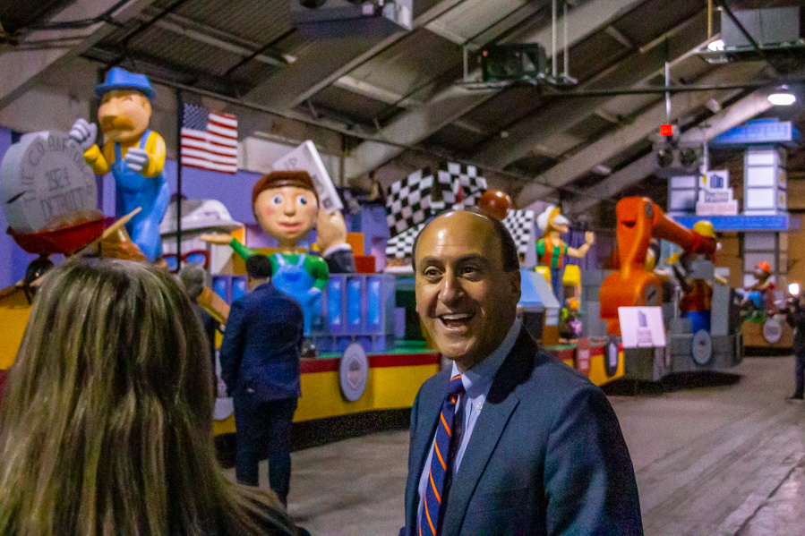 Parade Company President and CEO Tony Michaels smiles as a new float from Barton Malow is unveiled on Nov. 3, 2023 at the Parade Company studio in Detroit.