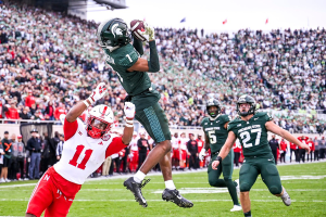 Nov. 4, 2023 ~ Michigan State's Jaden Mangham intercepts a Nebraska pass in the end zone during the second quarter on Saturday. The interception was called back due to an MSU penalty. Photo: Nick King ~ USA TODAY NETWORK