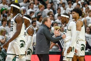 Nov. 6, 2023 ~ Michigan State's head coach Tom Izzo talks to Tre Holloman during an overtime time out in their game against James Madison at the Breslin Center in East Lansing. The Spartans went on to lose 79-76. Photo: Nick King ~ USA TODAY NETWORK