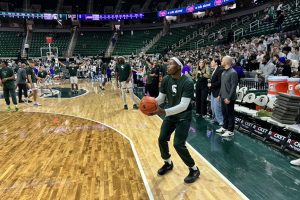 Nov. 6, 2023 ~ Members of the Michigan State Spartans basketball team warm up ahead of their game against James Madison at the Breslin center in East Lansing. Photo: Dominic Carroll ~ WJR
