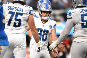 Nov. 12, 2023 ~ Detroit Lions place kicker Riley Patterson (36) is congratulated after a field goal against the Los Angeles Chargers during the first half at SoFi Stadium. Photo: Orlando Ramirez ~ USA TODAY Sports