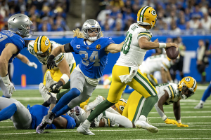 Nov. 23, 2023 ~ Detroit Lions linebacker Alex Anzalone (34) pressures Green Bay Packers quarterback Jordan Love (10) in the second half during the annual Thanksgiving Day game at Ford Field. Photo: David Reginek ~ USA TODAY Sports