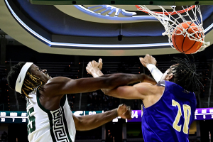Nov. 19, 2023 ~ Michigan State Spartans forward Coen Carr (55) dunks against Alcorn State Braves forward Trevon Stoutermire (20) during the second half at Jack Breslin Student Events Center. Photo: Dale Young ~ USA TODAY Sports