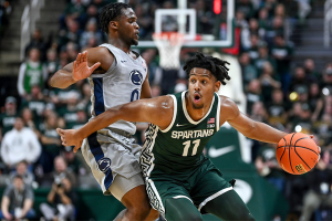 Jan. 4, 2024 ~ Michigan State's A.J. Hoggard moves past Penn State's Kanye Clary during the second half in East Lansing. Photo: Nick King ~ USA TODAY NETWORK