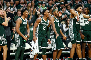 Jan. 4, 2024 ~ Michigan State's bench reacts after a score by teammate Davis Smith during the second half in the game against Penn State on Thursday in East Lansing. Photo: Nick King ~ USA TODAY NETWORK