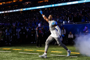 Oct. 30, 2023 ~ Detroit Lions safety Kerby Joseph is being introduced before a game against Las Vegas Raiders at Ford Field. Photo: Junfu Han ~ USA TODAY NETWORK