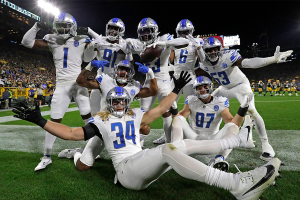 September 28, 2023 ~ Detroit Lions cornerback Jerry Jacobs celebrates with teammates after intercepting a pass against the Green Bay Packers during their game at Lambeau Field in Green Bay. The Lions went on to defeat the Packers 34-20. Photo: Dan Powers ~ USA TODAY NETWORK