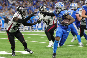 Sept. 24, 2023 ~ Detroit Lions running back Jahmyr Gibbs runs against Atlanta Falcons safety Richie Grant during the second half at Ford Field in Detroit. The lions went on to defeat the Falcons 20-6. Photo: Junfu Han ~ USA TODAY NETWORK