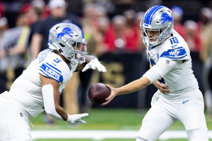 Dec. 3, 2023 ~ Detroit Lions quarterback Jared Goff (16) hands off to running back David Montgomery (5) against the New Orleans Saints during the first half at Caesars Superdome. Photo: Stephen Lew ~ USA TODAY Sports