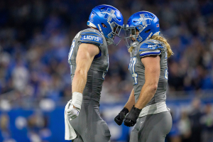 Jan. 7, 2024 ~ Detroit Lions defensive end Aidan Hutchinson celebrates with linebacker Alex Anzalone after a tackle against the Minnesota Vikings at Ford Field in Detroit. Photo: David Rodriguez Munoz ~ USA TODAY NETWORK