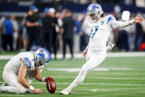 Dec. 30, 2023 ~ Detroit Lions kicker Michael Badgley warms up before the Dallas Cowboys game at AT&T Stadium in Arlington, Texas. Photo: Junfu Han ~ USA TODAY NETWORK