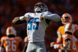 Oct. 15, 2023 ~ Detroit Lions linebacker Derrick Barnes (55) reacts after a play against the Tampa Bay Buccaneers in the first quarter at Raymond James Stadium. Photo: Nathan Ray Seebeck ~ USA TODAY Sports