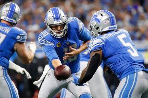 Sept. 17, 2023 ~ Detroit Lions quarterback Jared Goff hands the ball to running back David Montgomery against Seattle Seahawks during the first half at Ford Field in Detroit. The Seahawks went on to defeat the Lions 37-31. Photo: Junfu Han ~ USA TODAY NETWORK