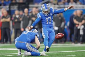 Jan. 21, 2024 ~ Detroit Lions place kicker Michael Badgley (17) attempts a field goal against Tampa Bay Buccaneers during the first half of the NFC divisional round at Ford Field in Detroit on Sunday, Jan. 21, 2024.