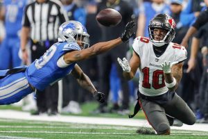 Jan. 21, 2024 ~ Tampa Bay Buccaneers wide receiver Trey Palmer (10) makes a catch against Detroit Lions cornerback Kindle Vildor (29) during the first half of the NFC divisional round at Ford Field in Detroit on Sunday, Jan. 21, 2024.