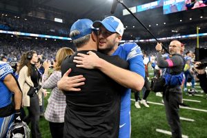 Jan 21, 2024 ~ Detroit Lions quarterback Jared Goff (16) reacts after winning a 2024 NFC divisional round game against the Tampa Bay Buccaneers at Ford Field. Photo: Lon Horwedel ~ USA TODAY Sports