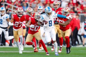 January 28, 2024 ~ Lions wide receiver Jameson Williams runs the ball past 49ers linebacker Dre Greenlaw in the first quarter of the NFC championship game at Levi's Stadium in Santa Clara, California. Photo: Junfu Han ~ USA TODAY NETWORK